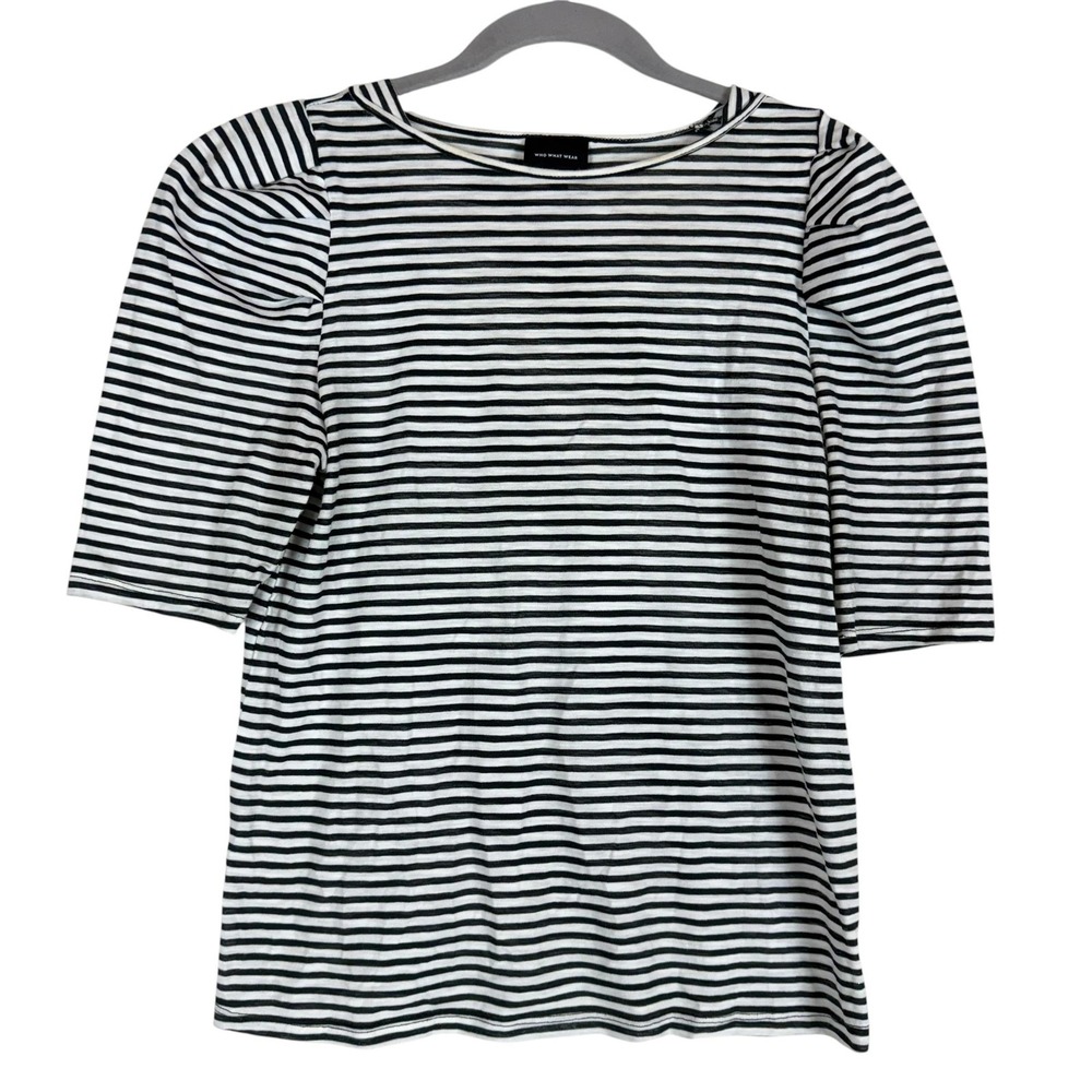 WHO WHAT WEAR Shirt Womens Small White Stripe Boat Neck Puff Sleeve Jersey Top